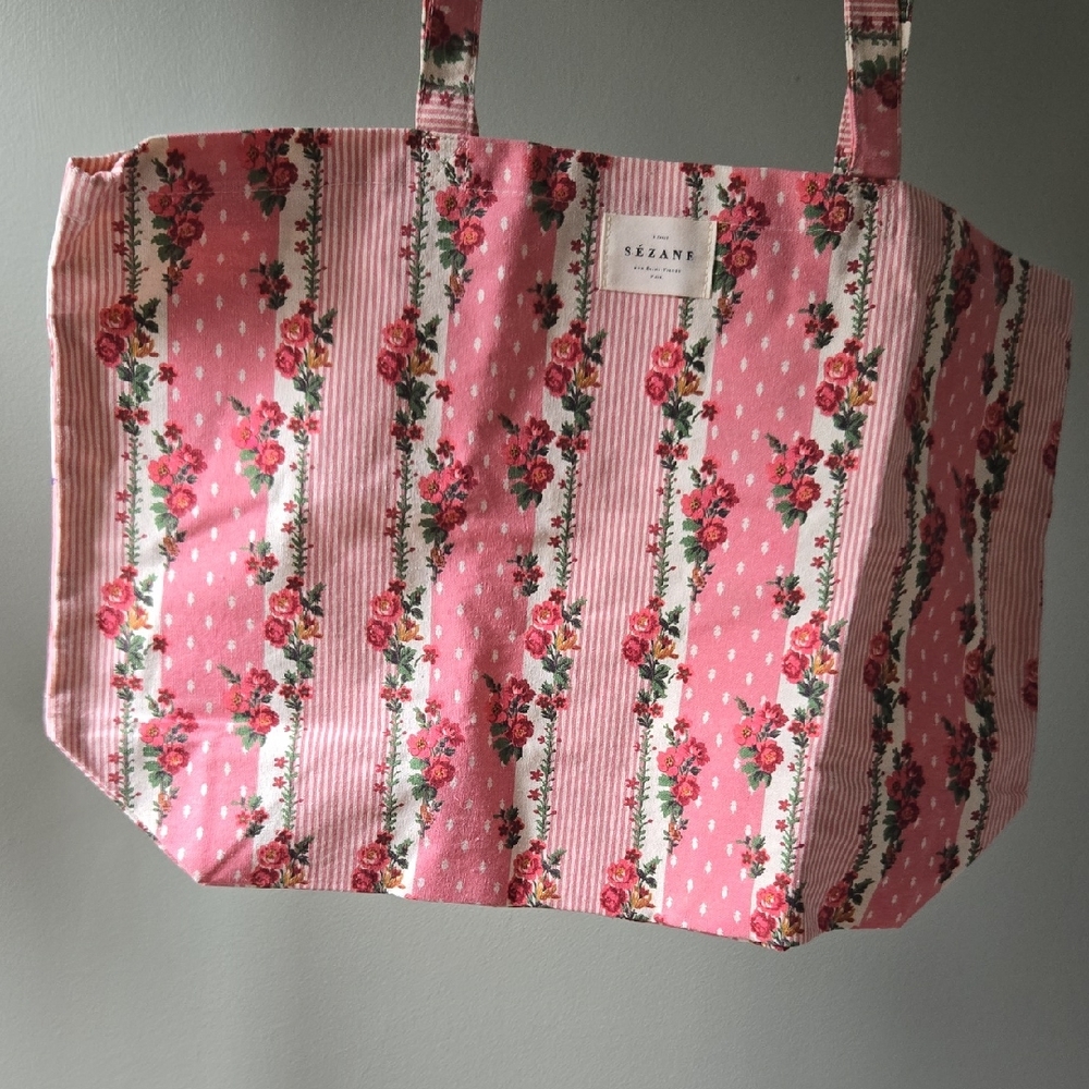 Sezane Pink Floral Stripe Tote
